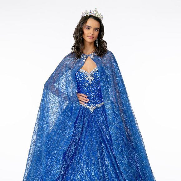 NEW LONG SLEEVELESS STRAPLESS MESH BALL GOWN EMBROIDERED WITH RHINESTONES GL2801 - Picture 1 of 9